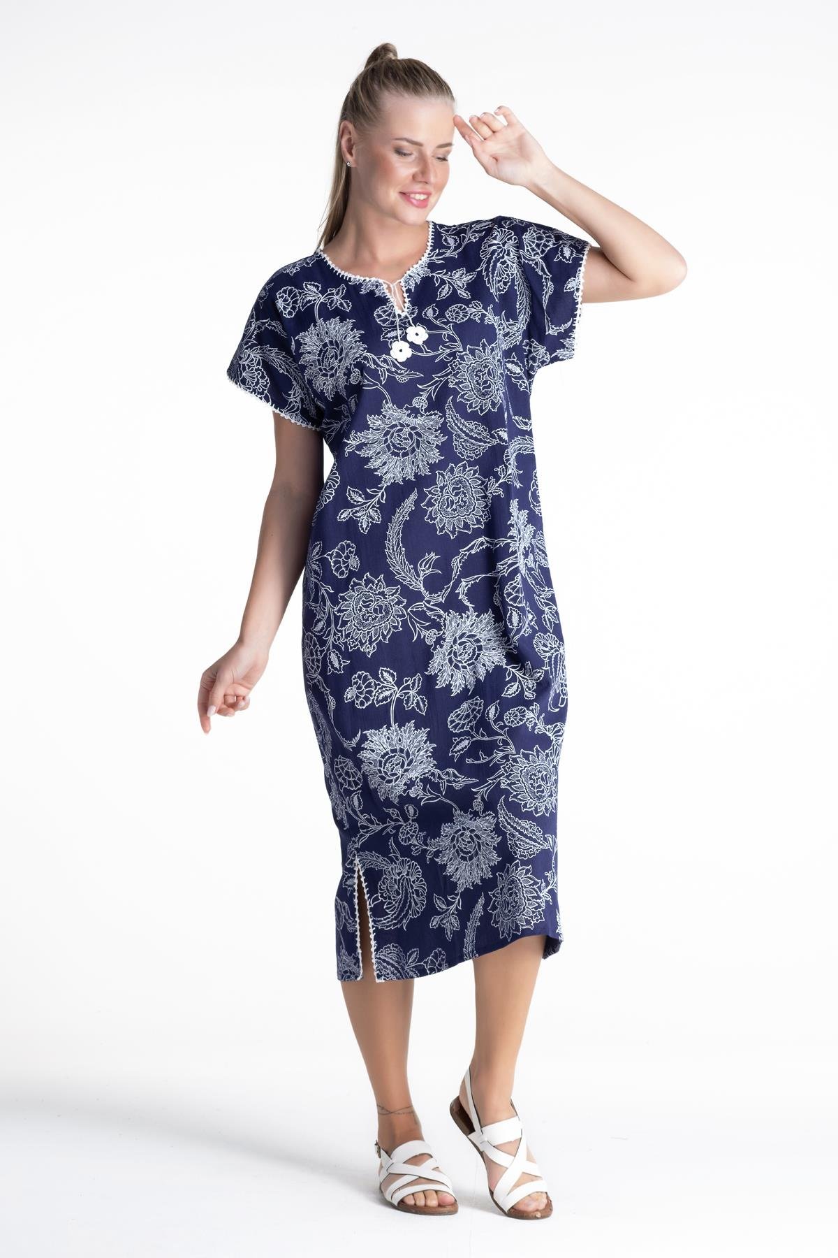 Toptan Kısa Kol Baskılı Şile Bezi Elbise Çınar Desen Mor