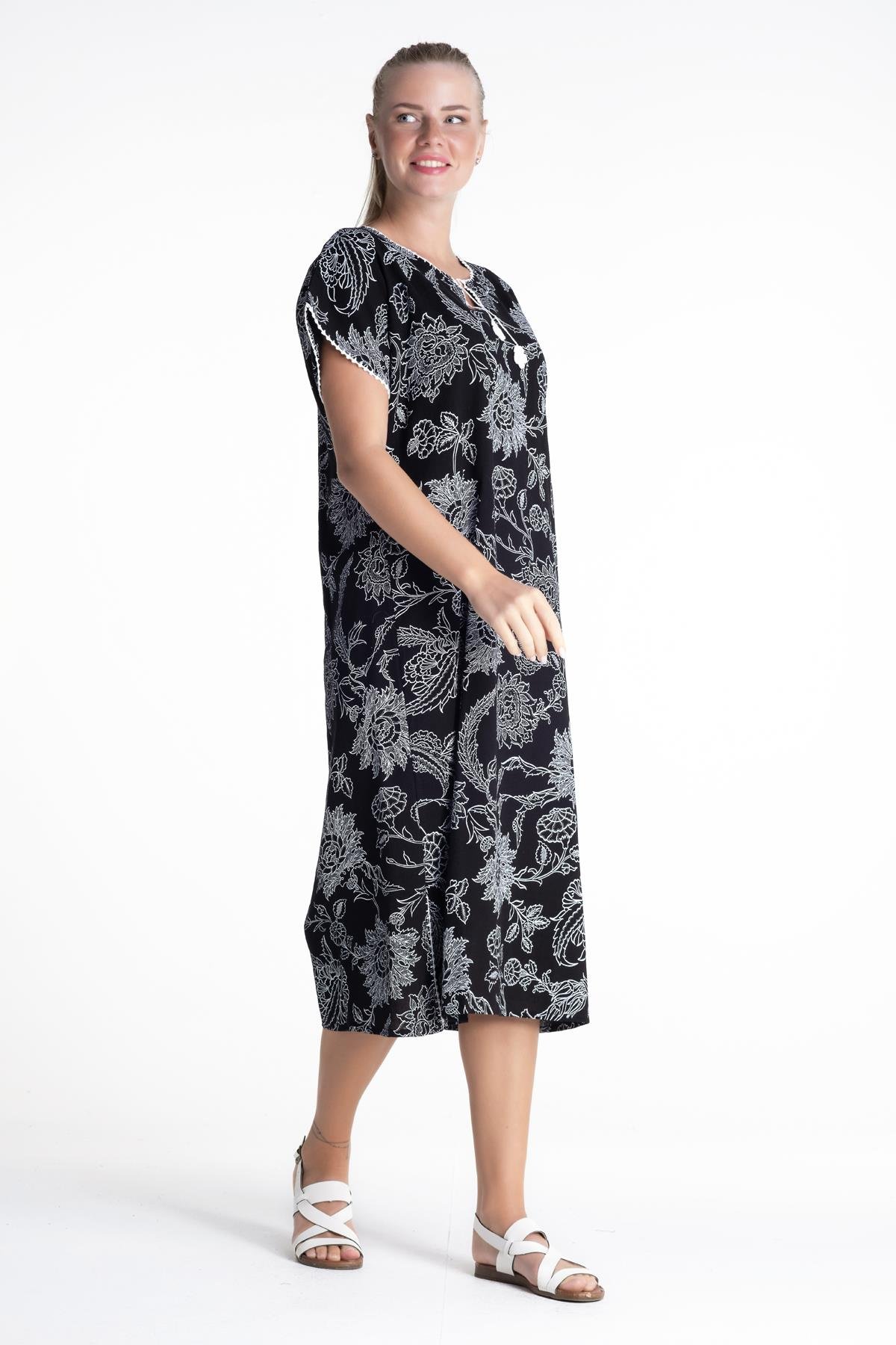 Toptan Kısa Kol Baskılı Şile Bezi Elbise Çınar Desen Siyah