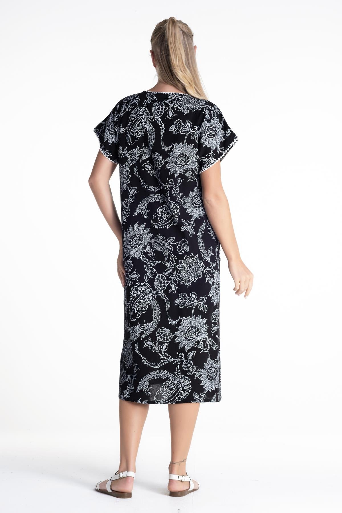 Toptan Kısa Kol Baskılı Şile Bezi Elbise Çınar Desen Siyah