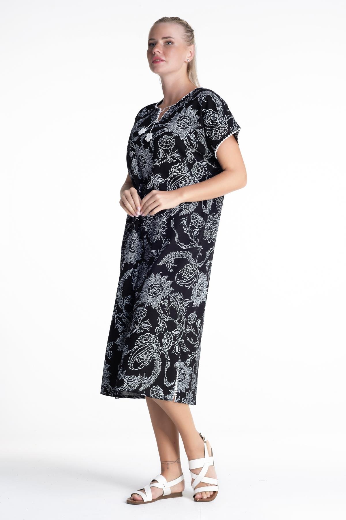 Toptan Kısa Kol Baskılı Şile Bezi Elbise Çınar Desen Siyah