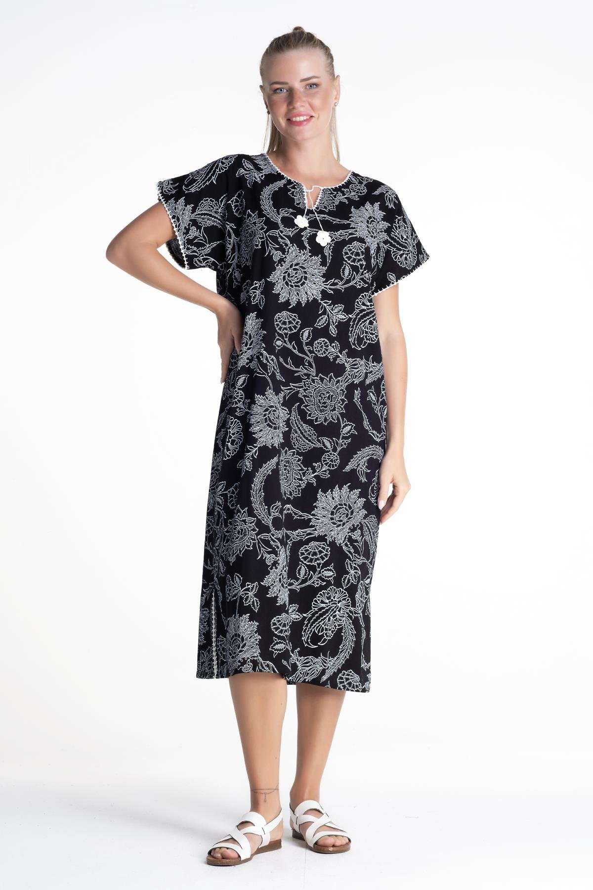 Toptan Kısa Kol Baskılı Şile Bezi Elbise Çınar Desen Siyah