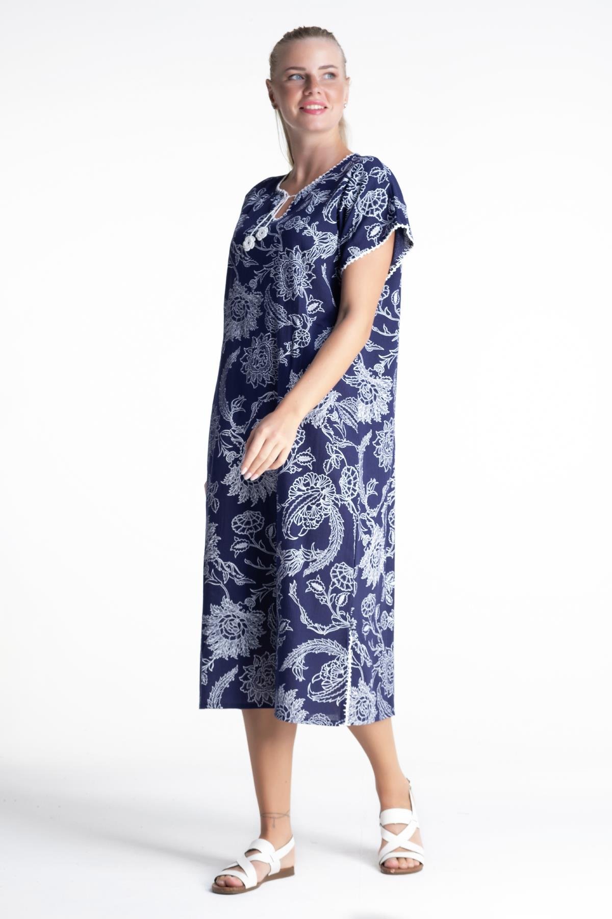 Toptan Kısa Kol Baskılı Şile Bezi Elbise Çınar Desen Mor