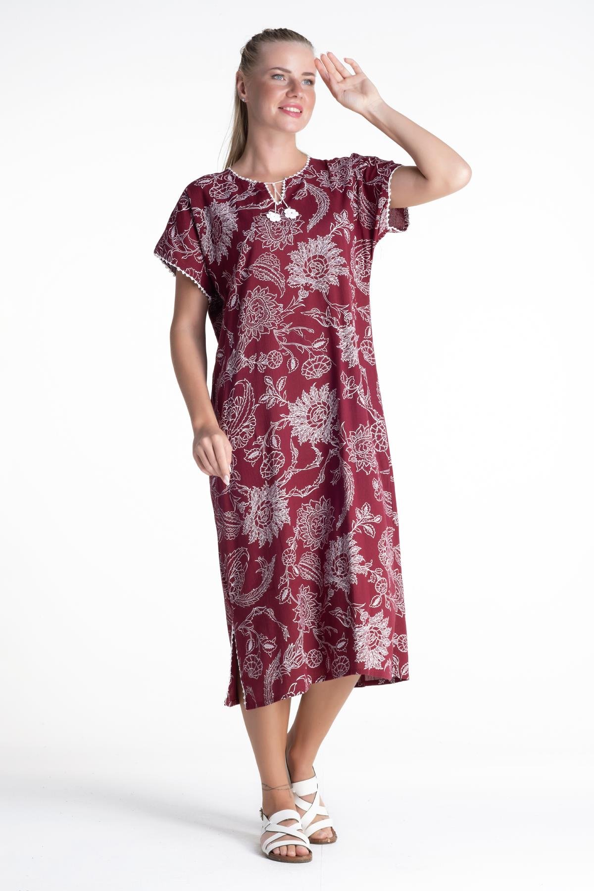 Toptan Kısa Kol Baskılı Şile Bezi Elbise Çınar Desen Bordo