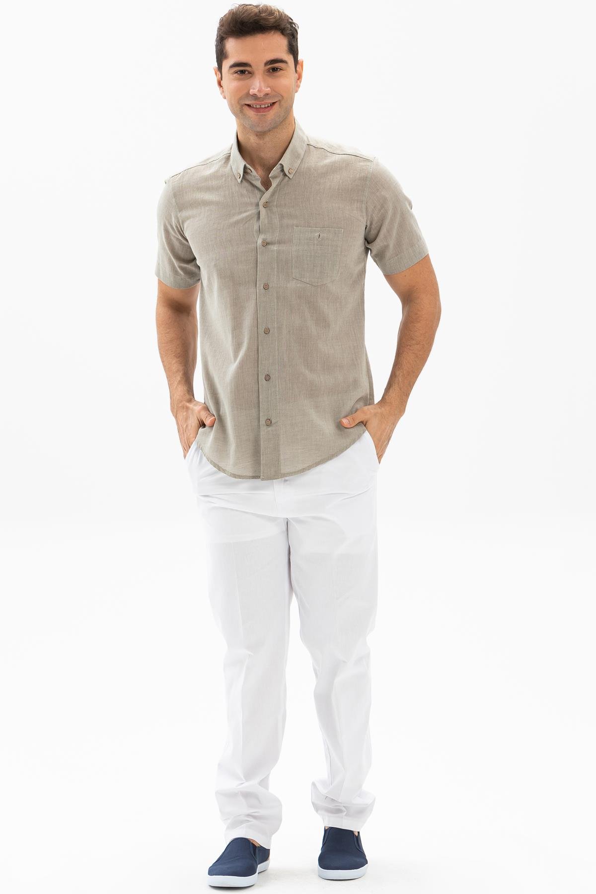 Toptan Kısa Kol Dar Kalıp Şile Bezi Erkek Gömlek Taş