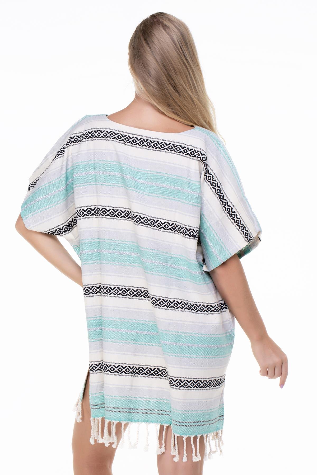 Toptan Kısa Kol Dokuma Sahil Mini Panço Yeşil Ysl