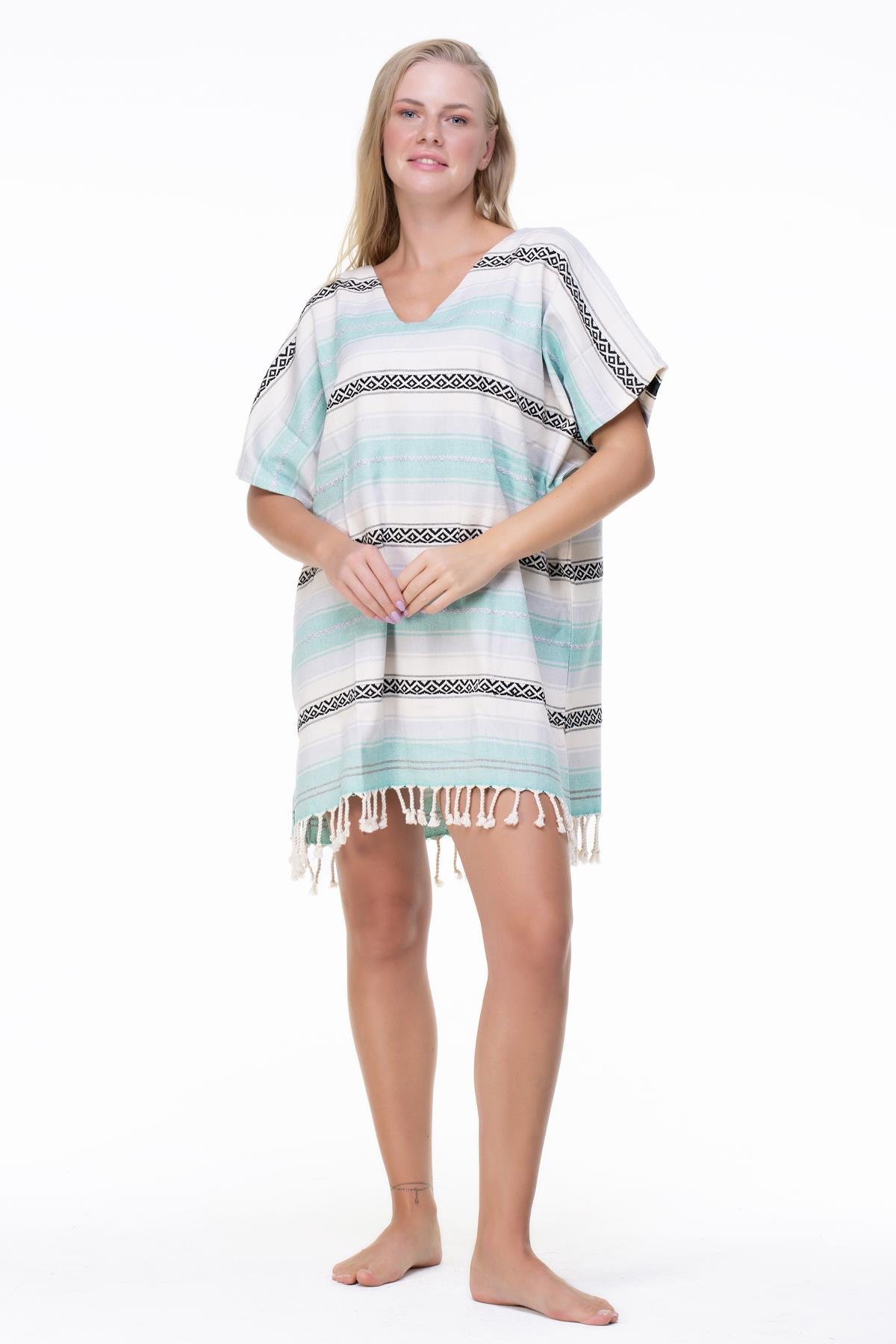 Toptan Kısa Kol Dokuma Sahil Mini Panço Yeşil Ysl