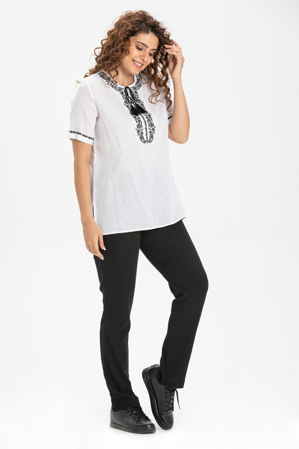 Toptan Kısa Kol Feride Şile Bezi Bluz Beyaz