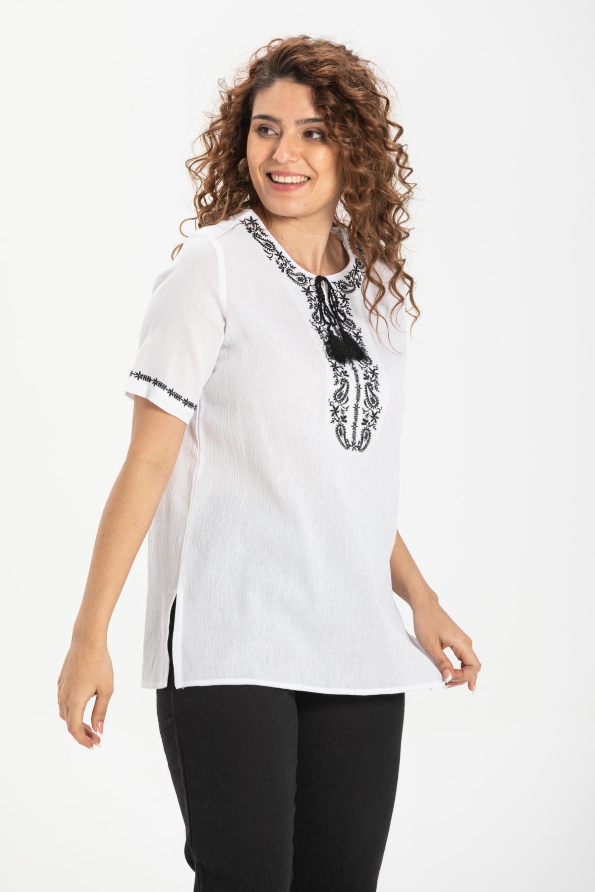 Toptan Kısa Kol Feride Şile Bezi Bluz Beyaz