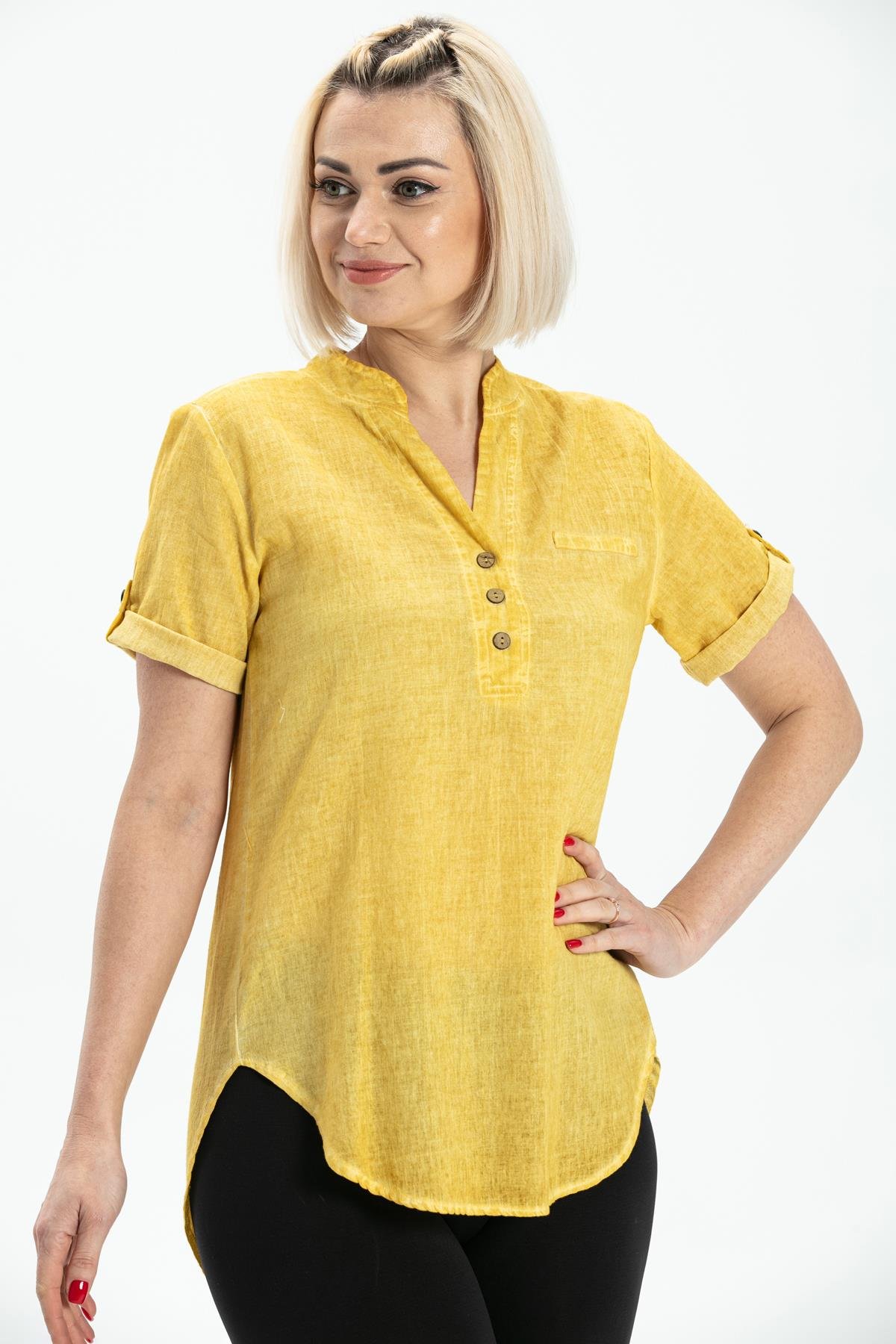 Toptan Kısa Kol Şile Bezi Akasya Bluz Sarı