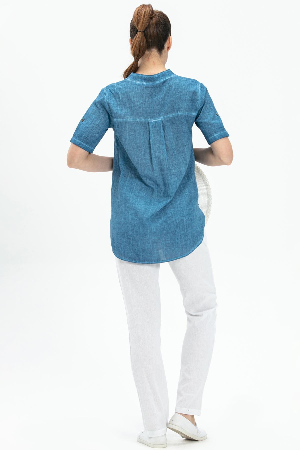 Toptan Kısa Kol Şile Bezi Akasya Bluz Kot Mavi