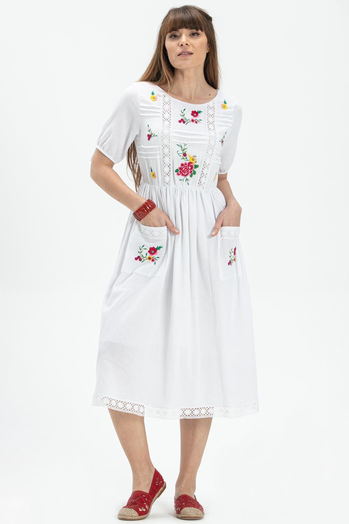 Toptan Kısa Kol Şile Bezi Asiye Midi Boy Elbise Beyaz