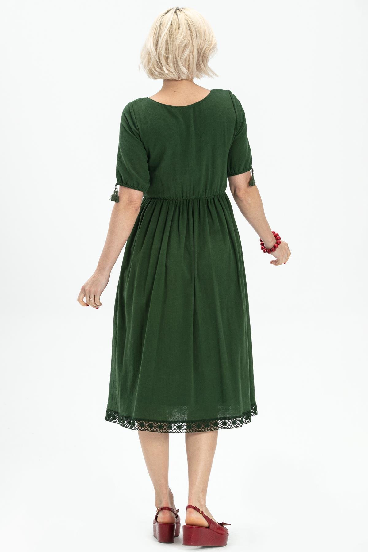 Toptan Kısa Kol Şile Bezi Asiye Midi Boy Elbise Yeşil