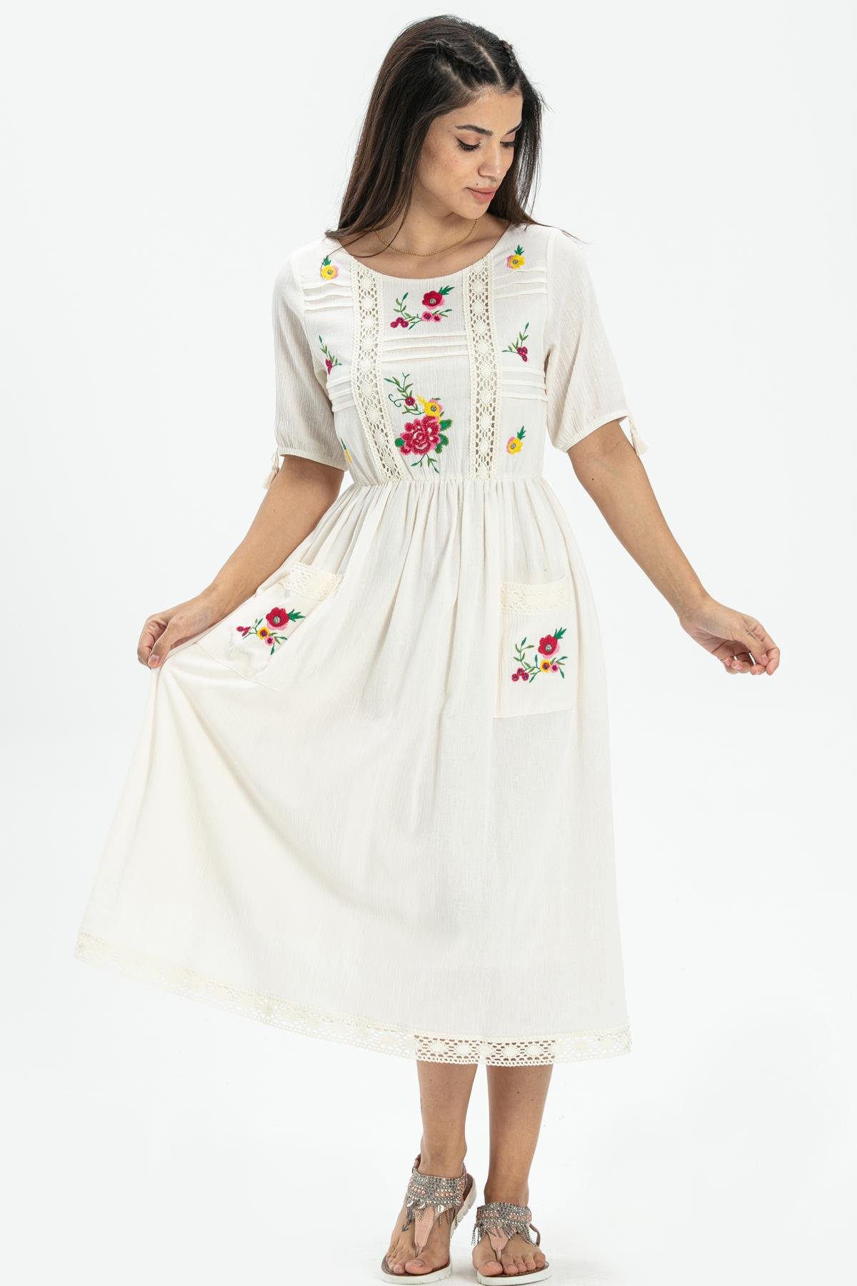 Toptan Kısa Kol Şile Bezi Asiye Midi Boy Elbise Krem