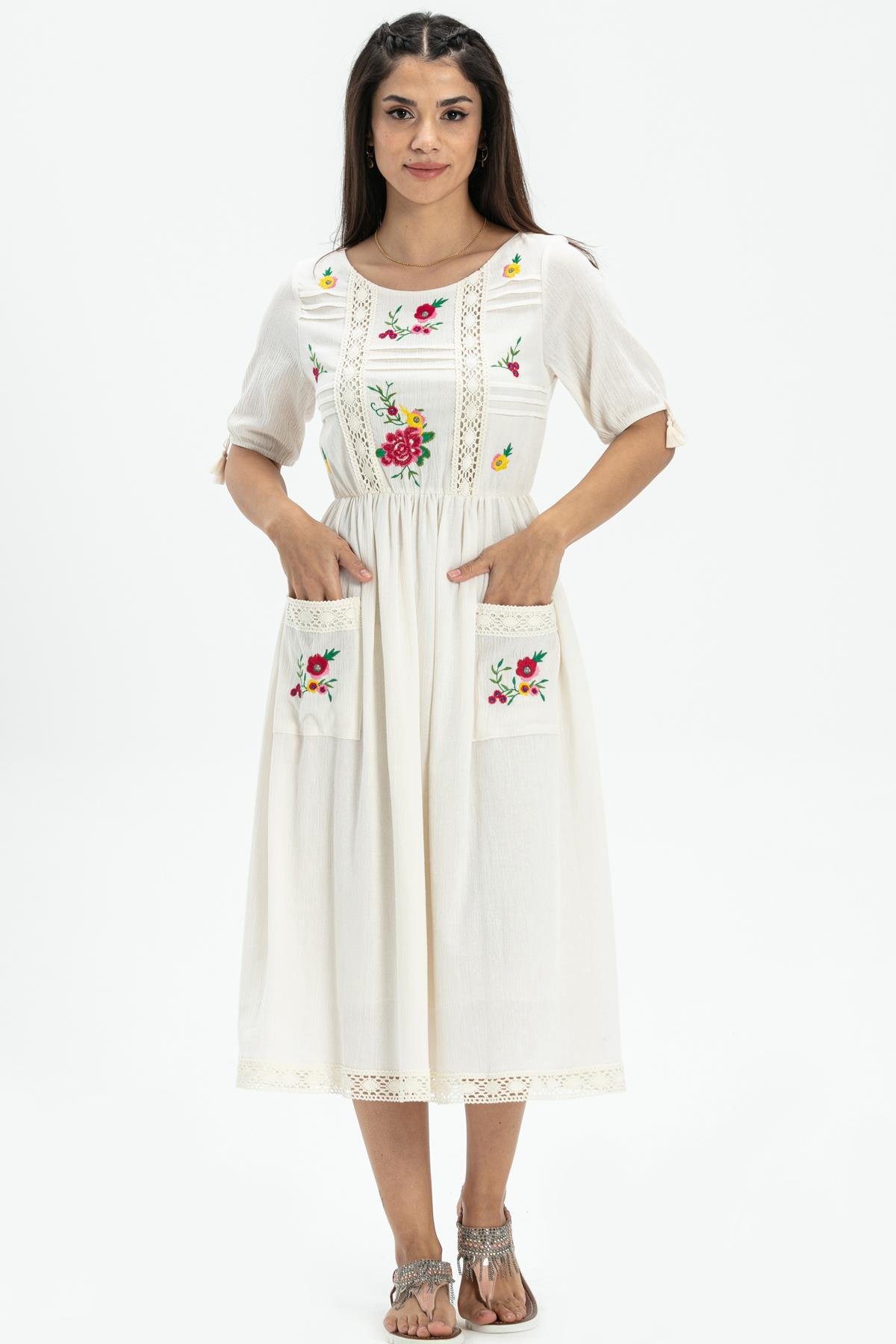 Toptan Kısa Kol Şile Bezi Asiye Midi Boy Elbise Krem