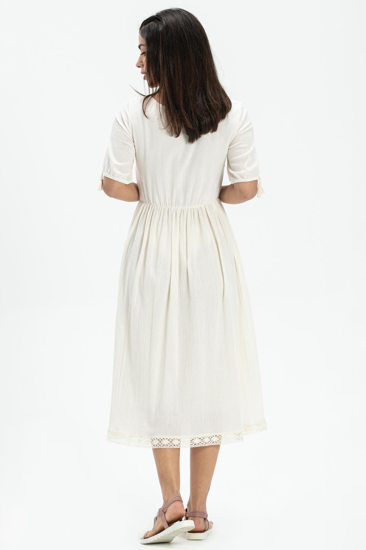 Toptan Kısa Kol Şile Bezi Asiye Midi Boy Elbise Krem