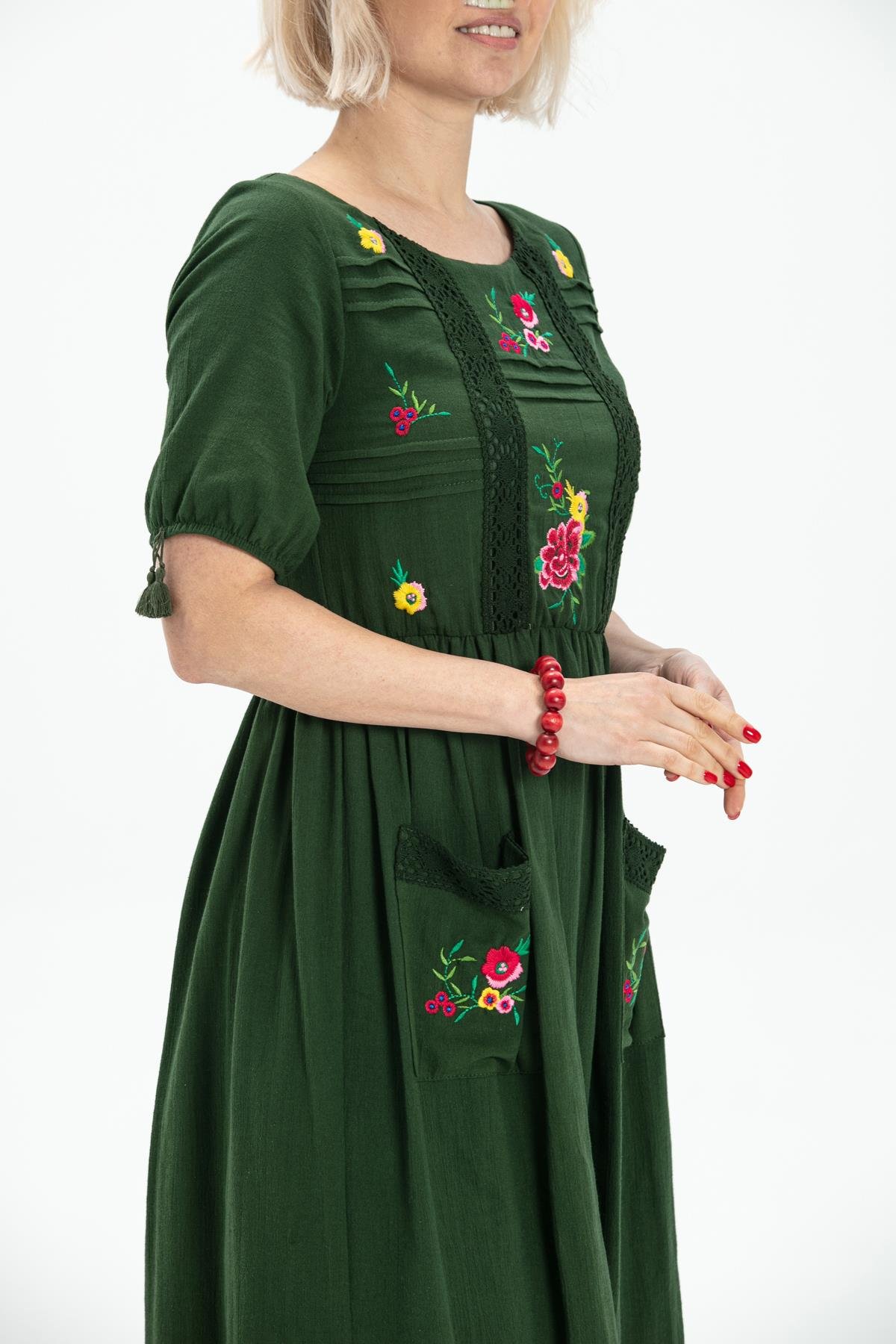 Toptan Kısa Kol Şile Bezi Asiye Midi Boy Elbise Yeşil