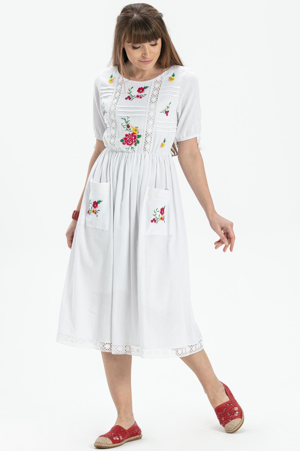 Toptan Kısa Kol Şile Bezi Asiye Midi Boy Elbise Beyaz