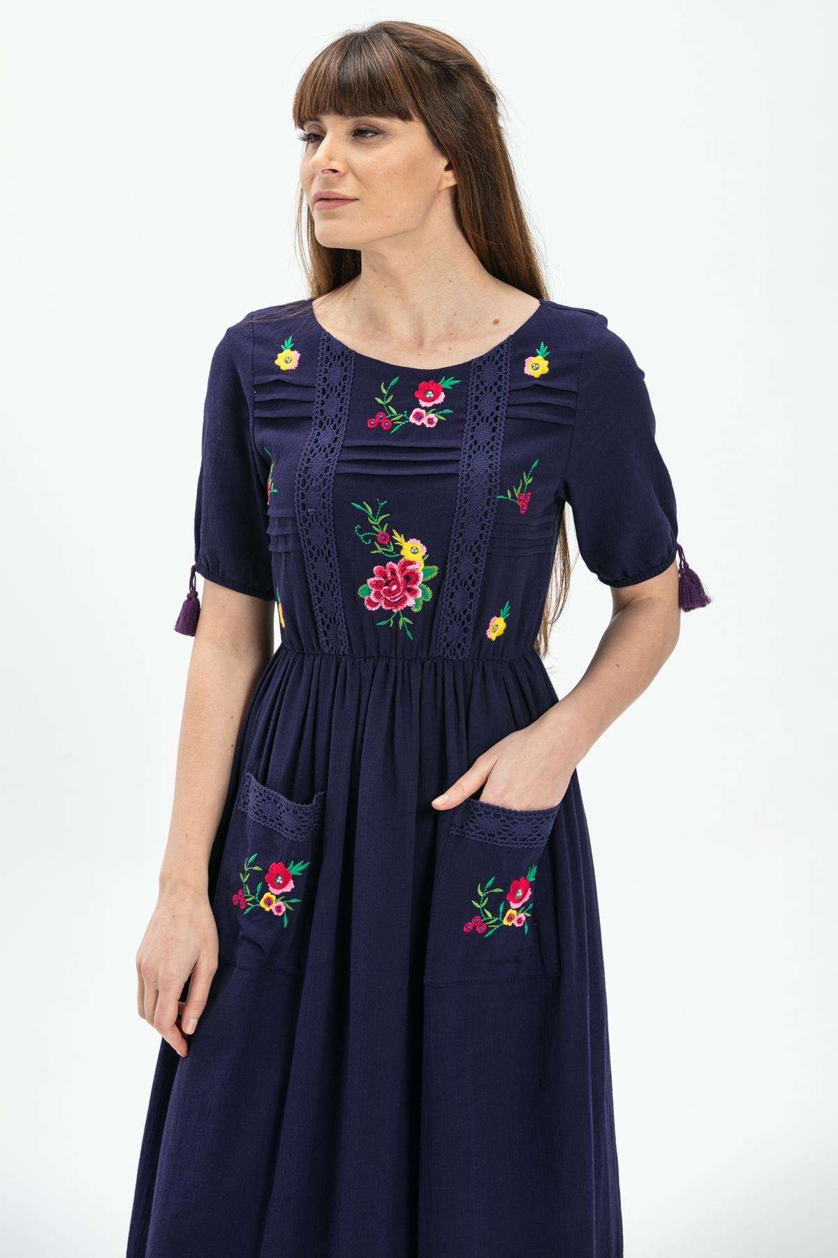 Toptan Kısa Kol Şile Bezi Asiye Midi Boy Elbise Mor