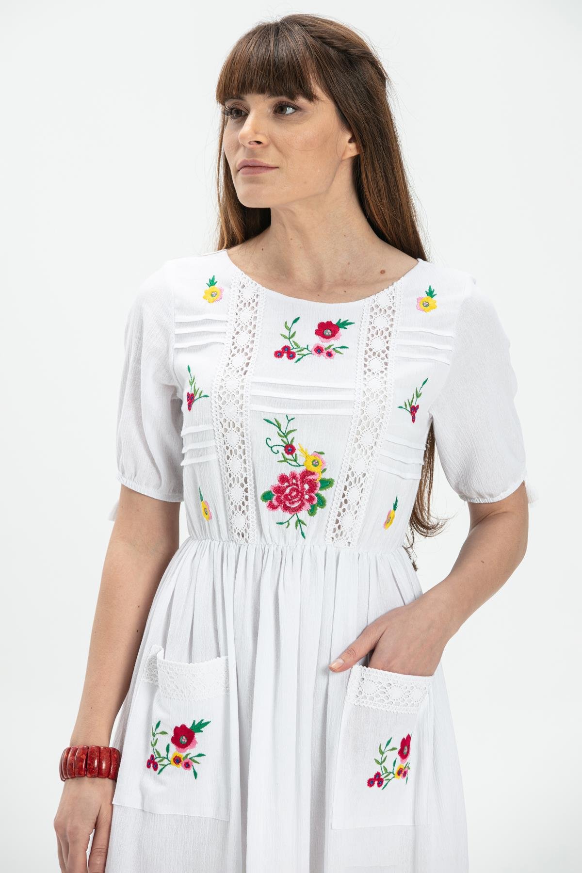 Toptan Kısa Kol Şile Bezi Asiye Midi Boy Elbise Beyaz