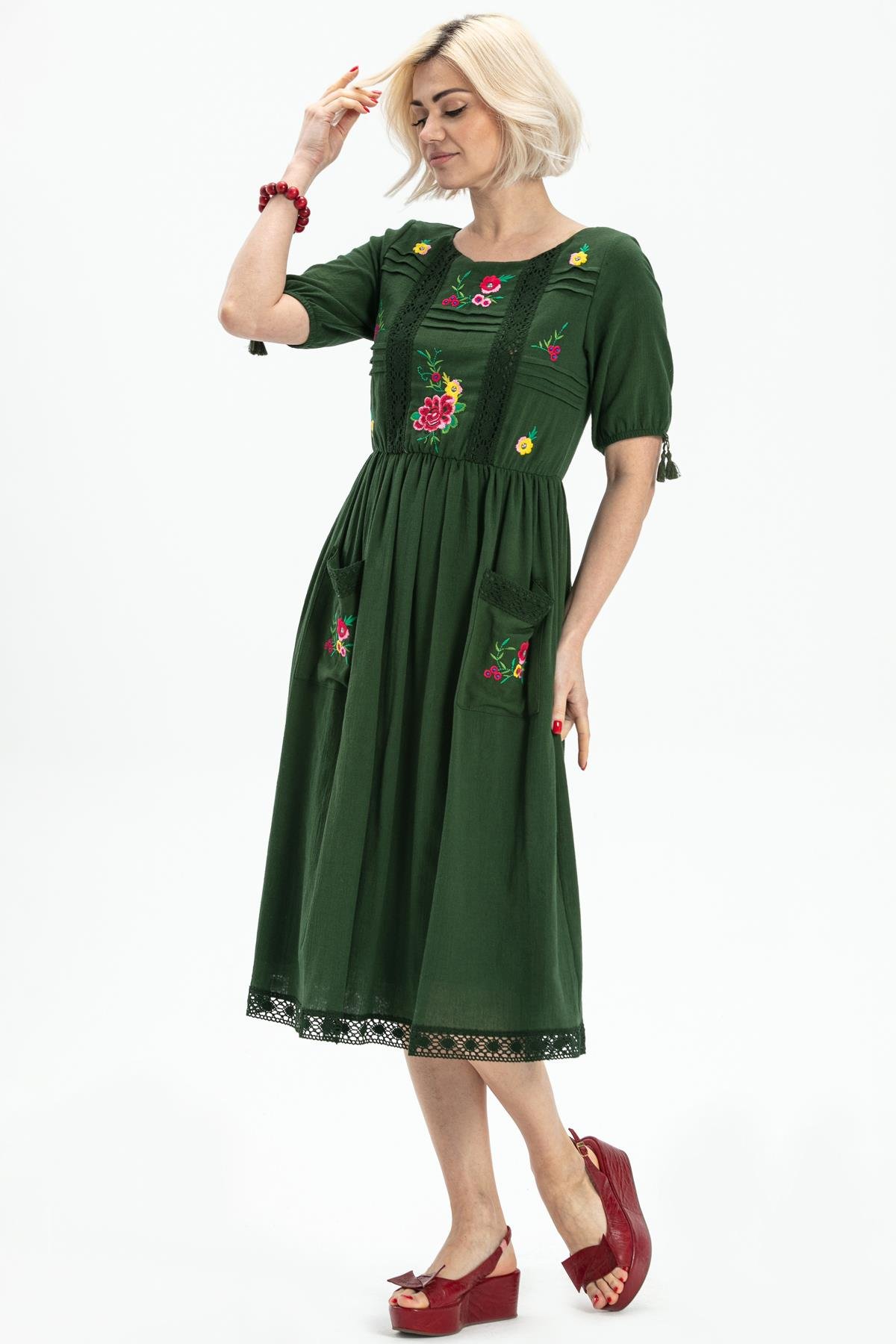 Toptan Kısa Kol Şile Bezi Asiye Midi Boy Elbise Yeşil