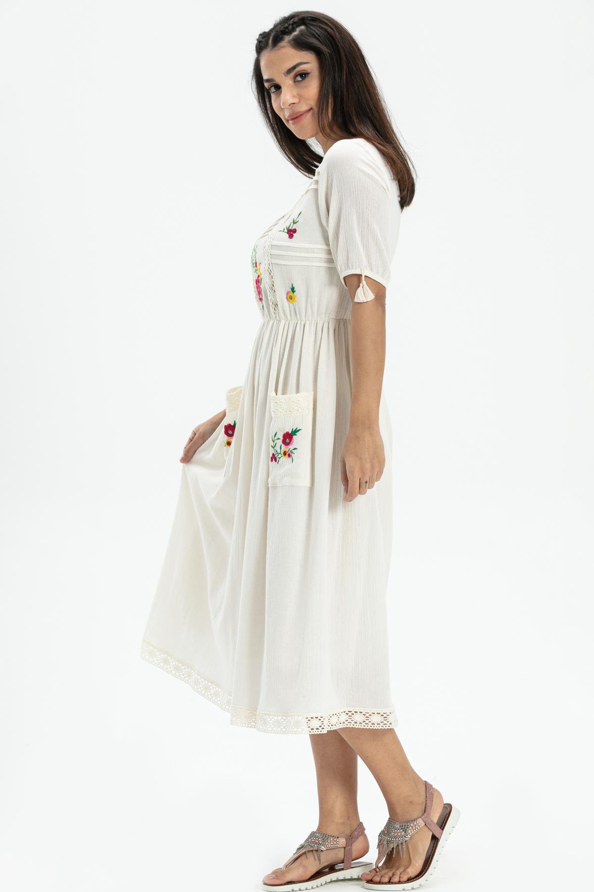 Toptan Kısa Kol Şile Bezi Asiye Midi Boy Elbise Krem