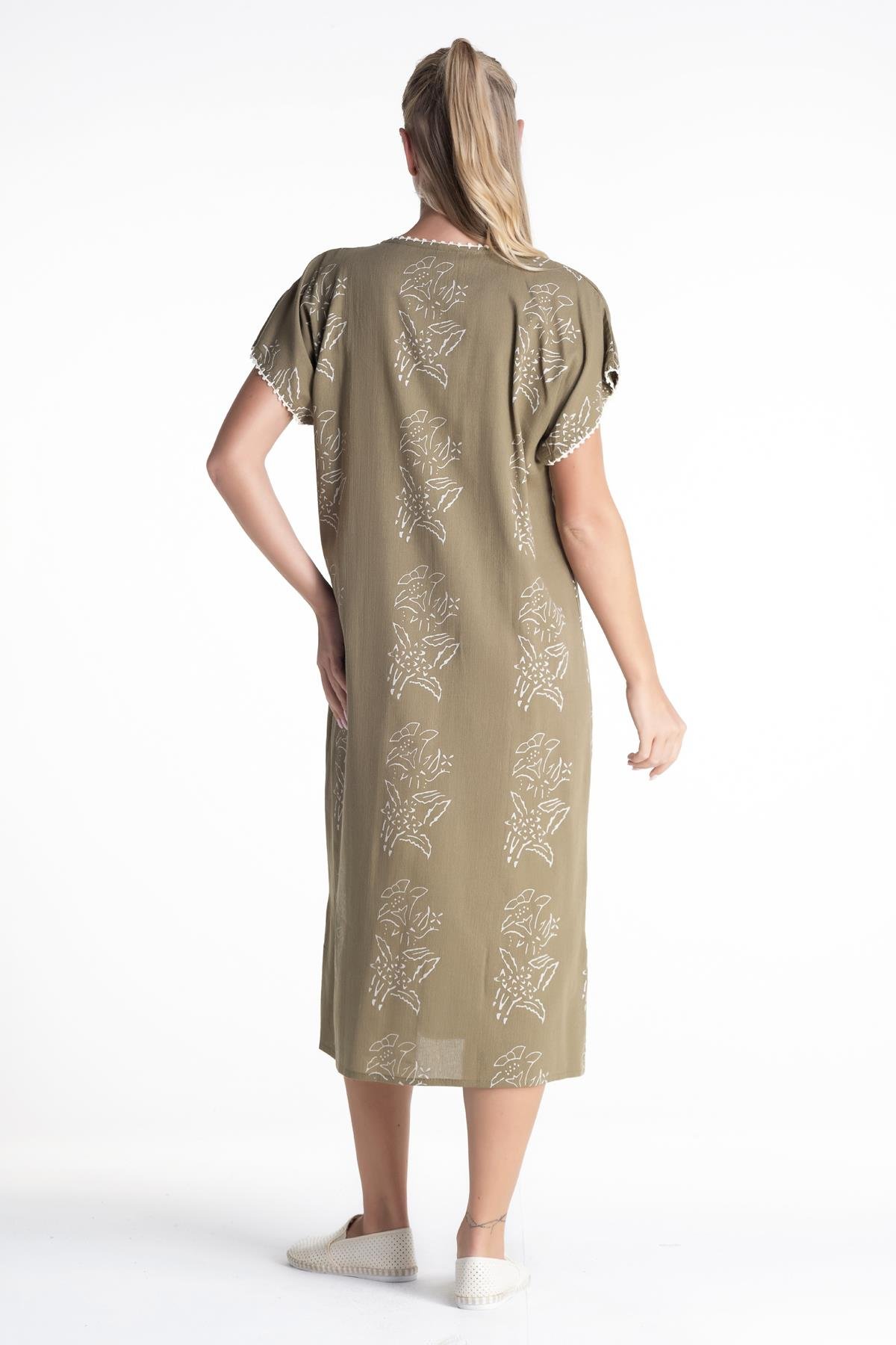 Toptan Kısa Kol Şile Bezi Baskılı Elbise Zambak Desen Haki