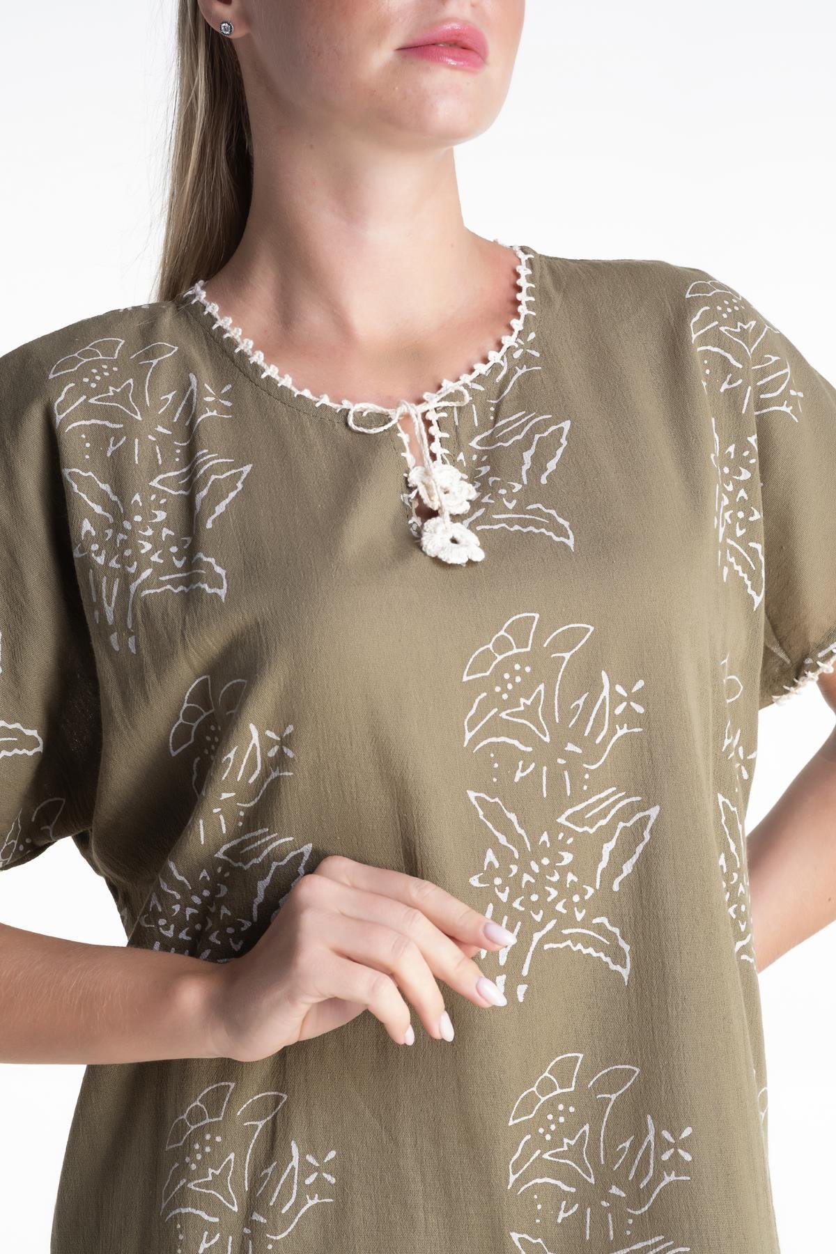 Toptan Kısa Kol Şile Bezi Baskılı Elbise Zambak Desen Haki