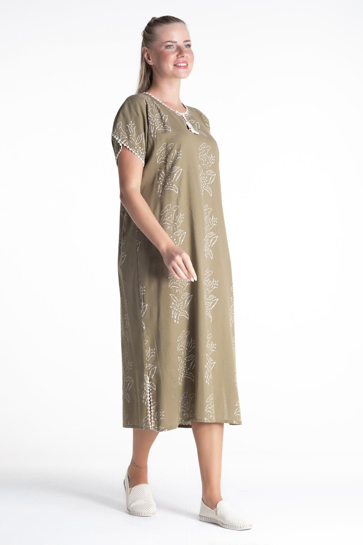 Toptan Kısa Kol Şile Bezi Baskılı Elbise Zambak Desen Haki