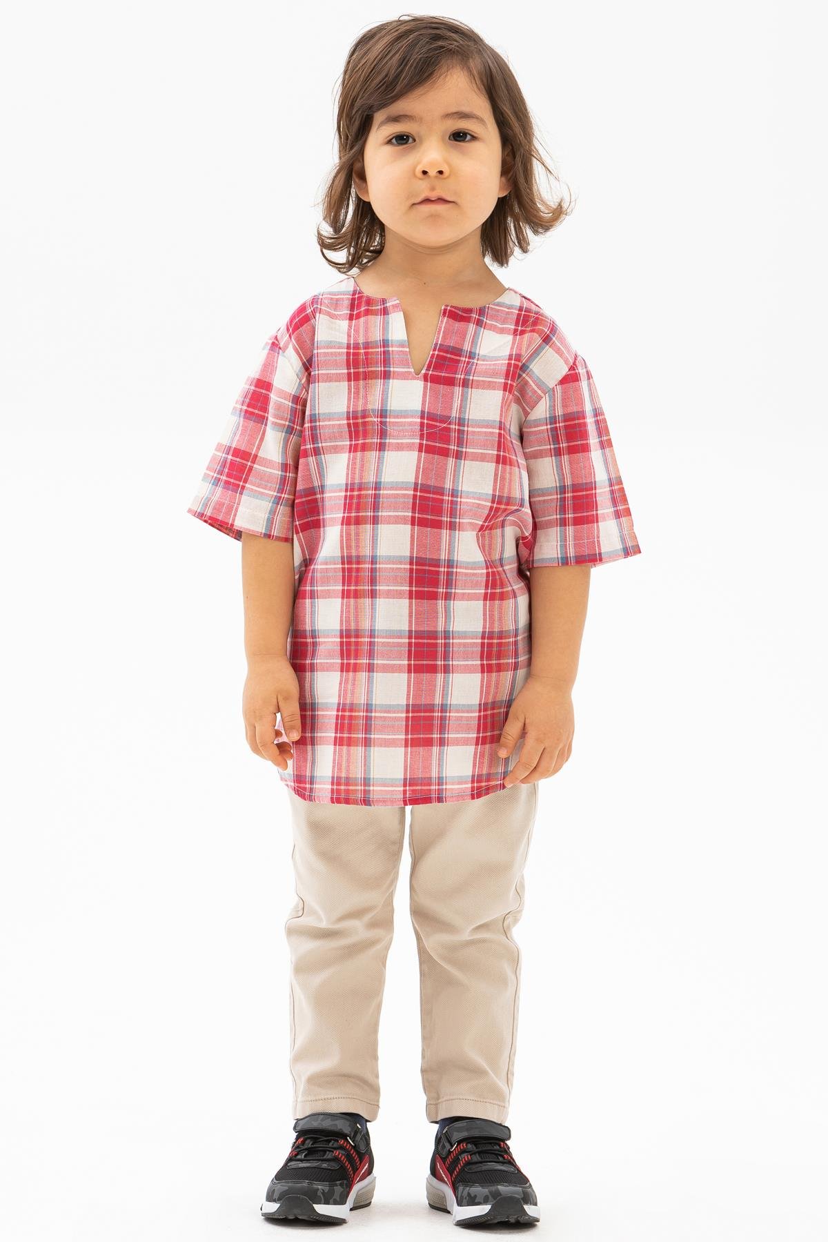 Toptan Kısa Kol Şile Bezi Bisiklet Yaka Erkek Çocuk Tshirt Kırmızı Krem Ekose