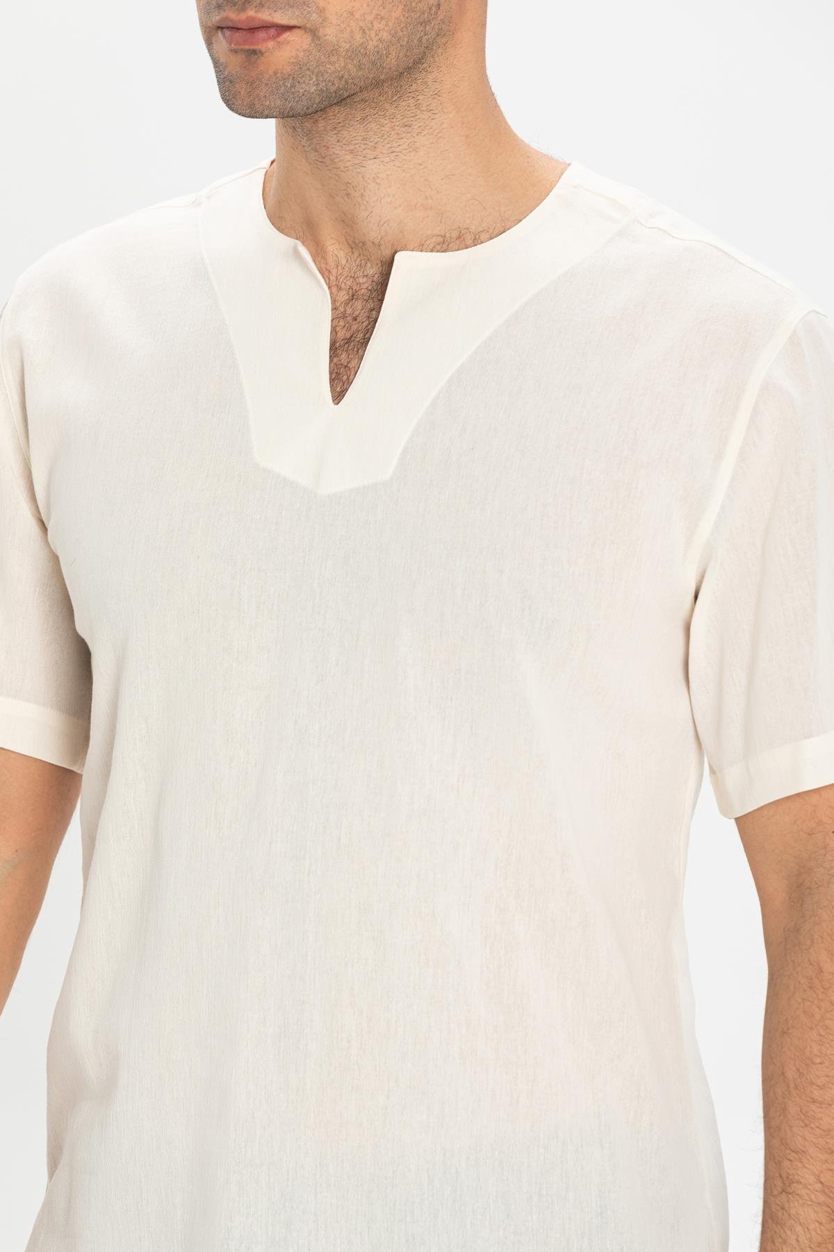 Toptan Kısa Kol Şile Bezi Bisiklet Yaka Erkek T-Shirt Krem