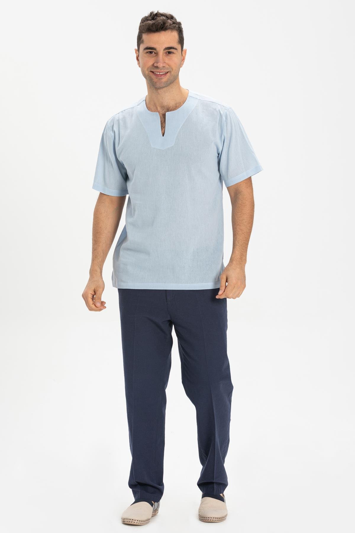 Toptan Kısa Kol Şile Bezi Bisiklet Yaka Erkek T-Shirt Buz Mavi