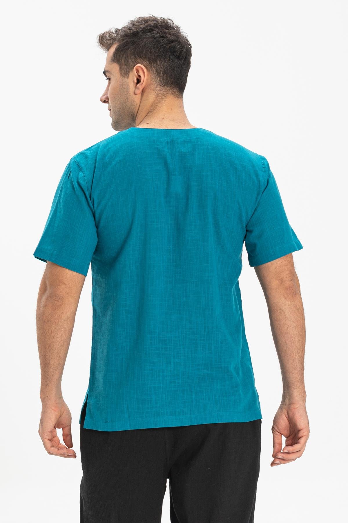 Toptan Kısa Kol Şile Bezi Bisiklet Yaka Erkek T-Shirt Petrol