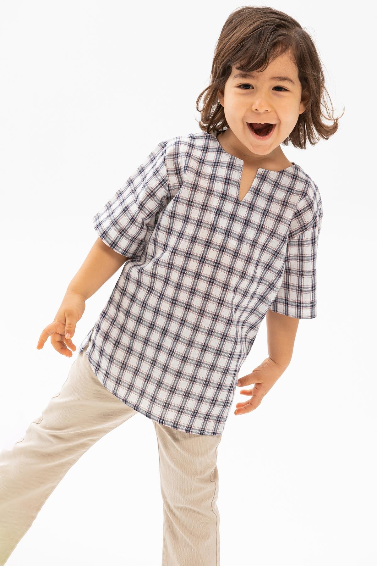 Toptan Kısa Kol Şile Bezi Bisiklet Yaka Erkek Çocuk Tshirt Füme Ekose