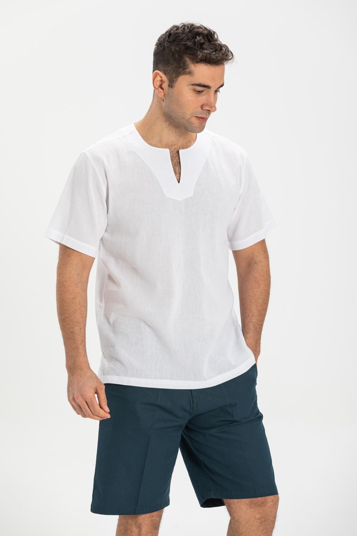 Toptan Kısa Kol Şile Bezi Bisiklet Yaka Erkek T-Shirt Beyaz