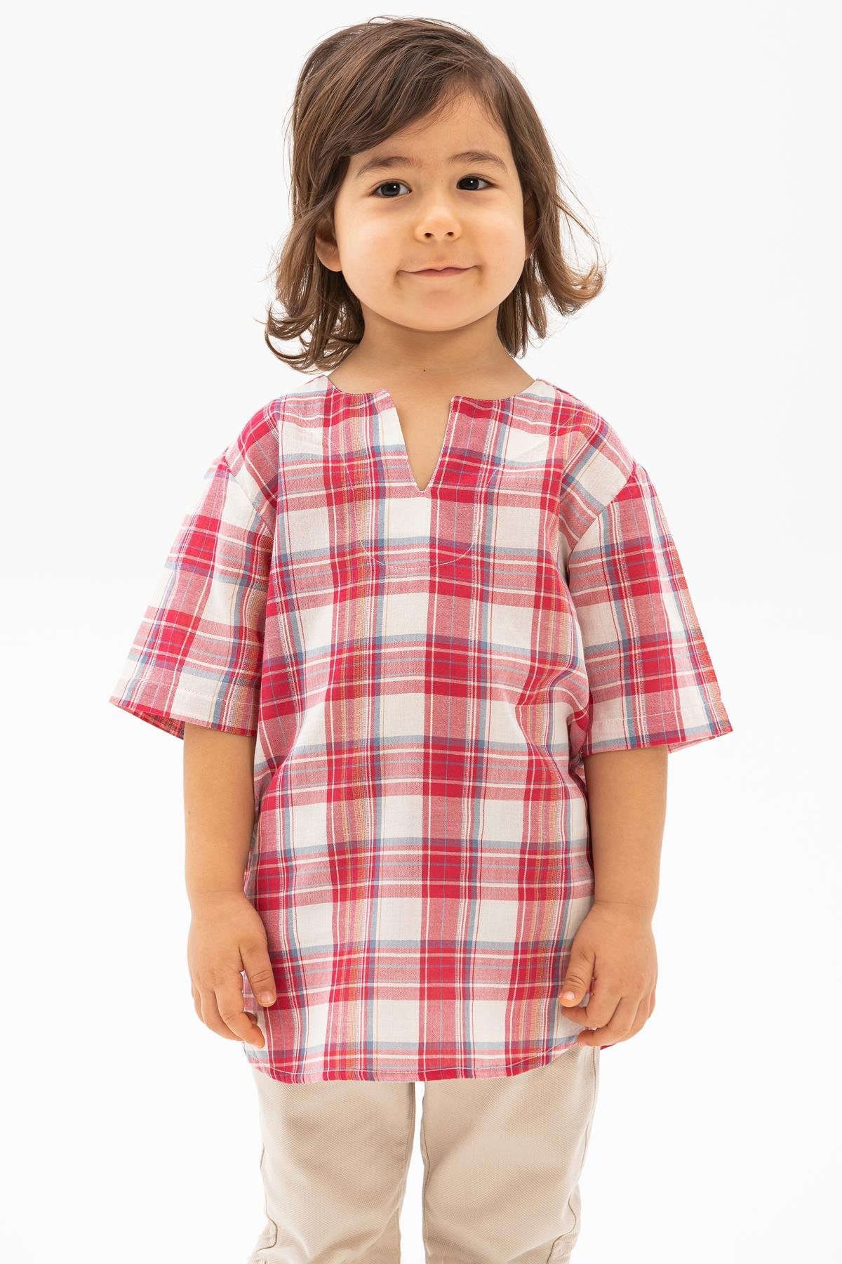 Toptan Kısa Kol Şile Bezi Bisiklet Yaka Erkek Çocuk Tshirt Kırmızı Krem Ekose