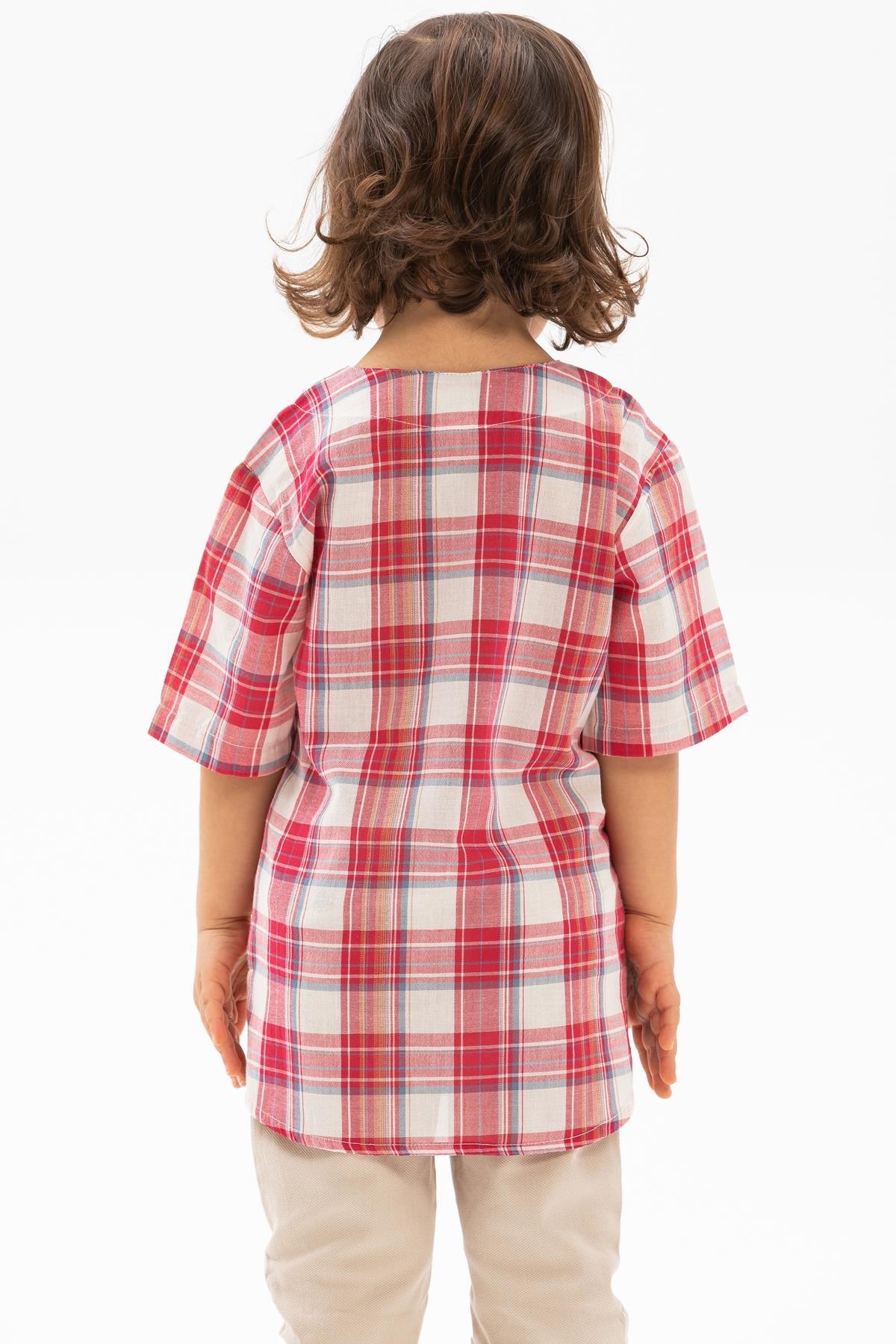 Toptan Kısa Kol Şile Bezi Bisiklet Yaka Erkek Çocuk Tshirt Kırmızı Krem Ekose