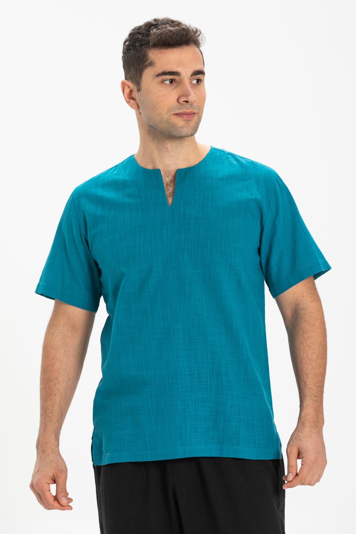 Toptan Kısa Kol Şile Bezi Bisiklet Yaka Erkek T-Shirt Petrol