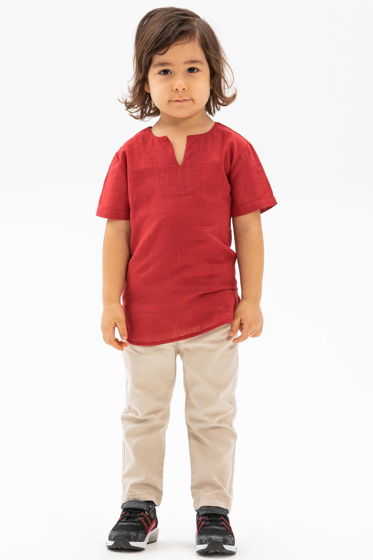 Toptan Kısa Kol Şile Bezi Bisiklet Yaka Erkek Çocuk Tshirt Kırmızı