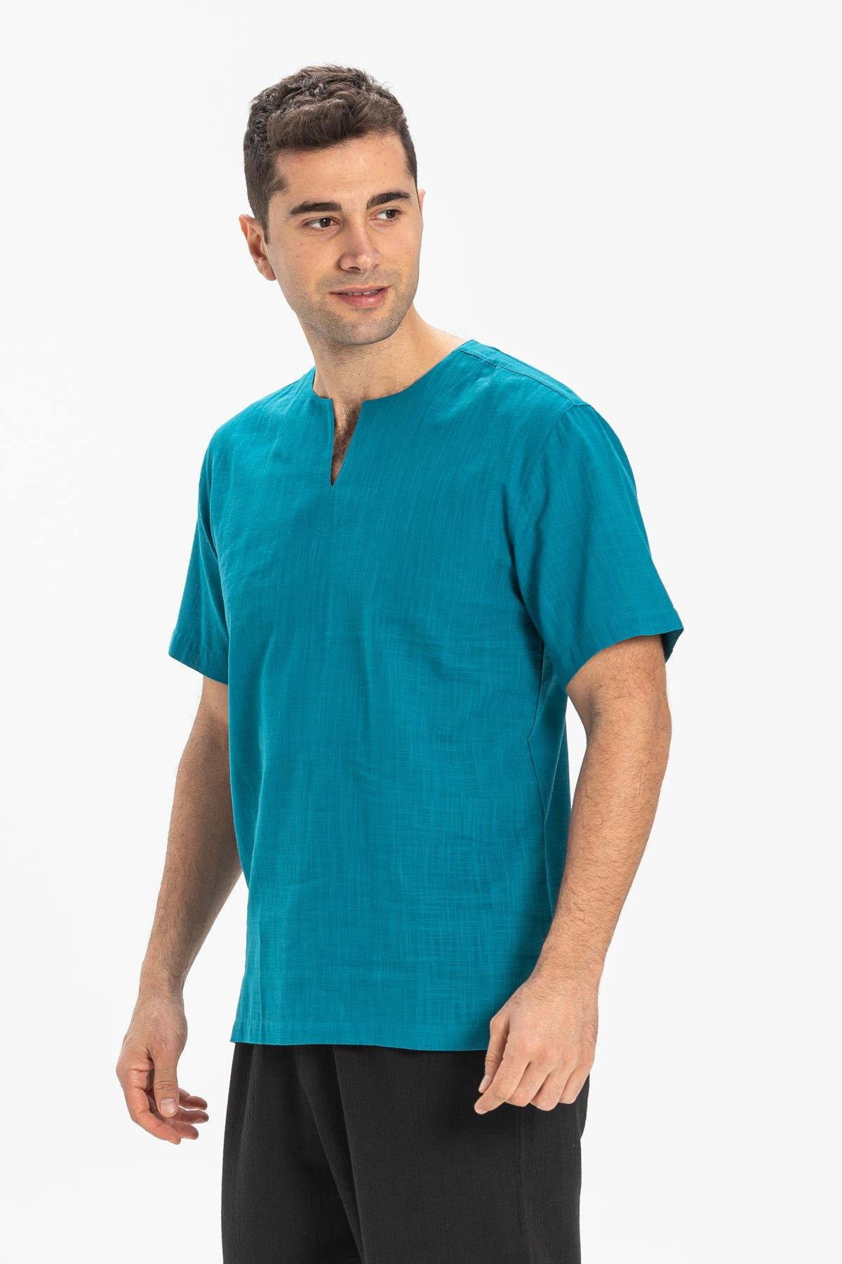 Toptan Kısa Kol Şile Bezi Bisiklet Yaka Erkek T-Shirt Petrol