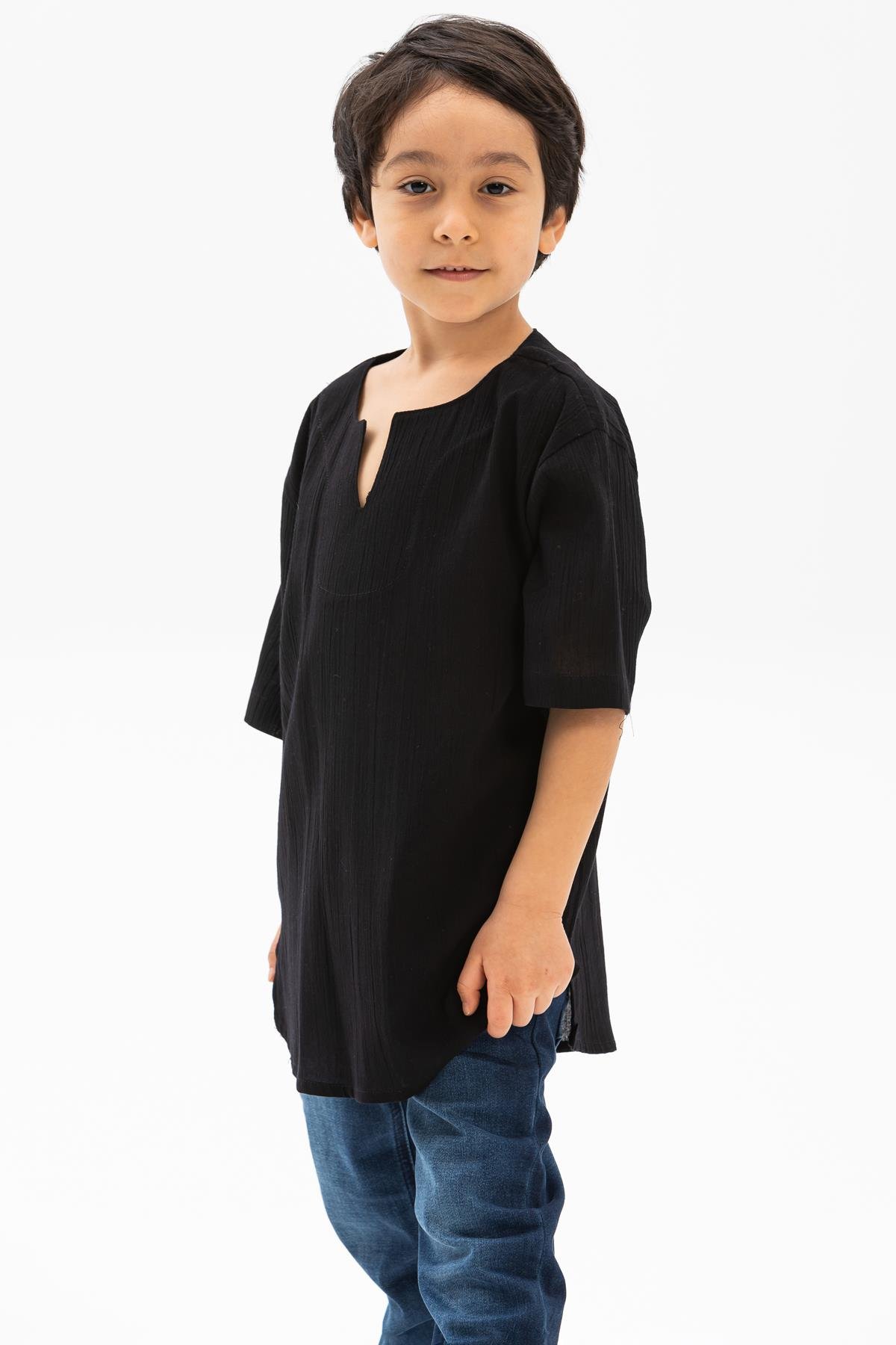 Toptan Kısa Kol Şile Bezi Bisiklet Yaka Erkek Çocuk Tshirt Siyah