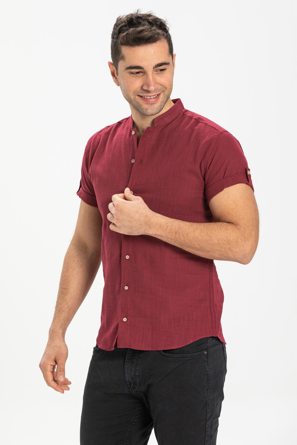 Toptan Kısa Kol Şile Bezi Bodrum Erkek Gömlek Bordo