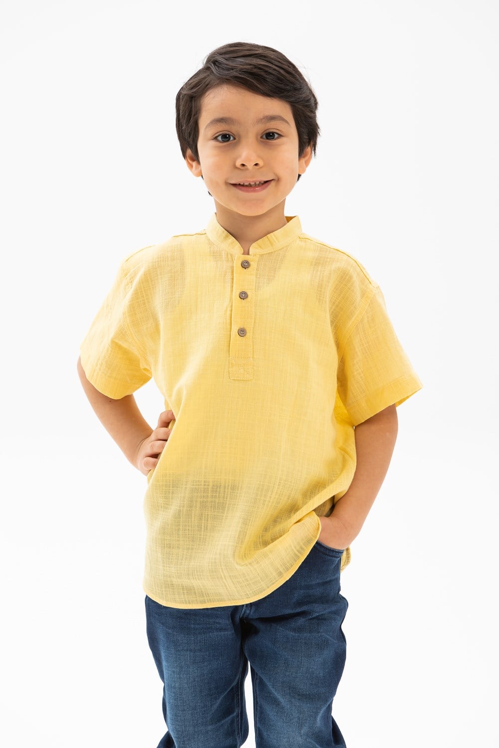 Toptan Kısa Kol Şile Bezi Bodrum Erkek Çocuk Tshirt Sarı