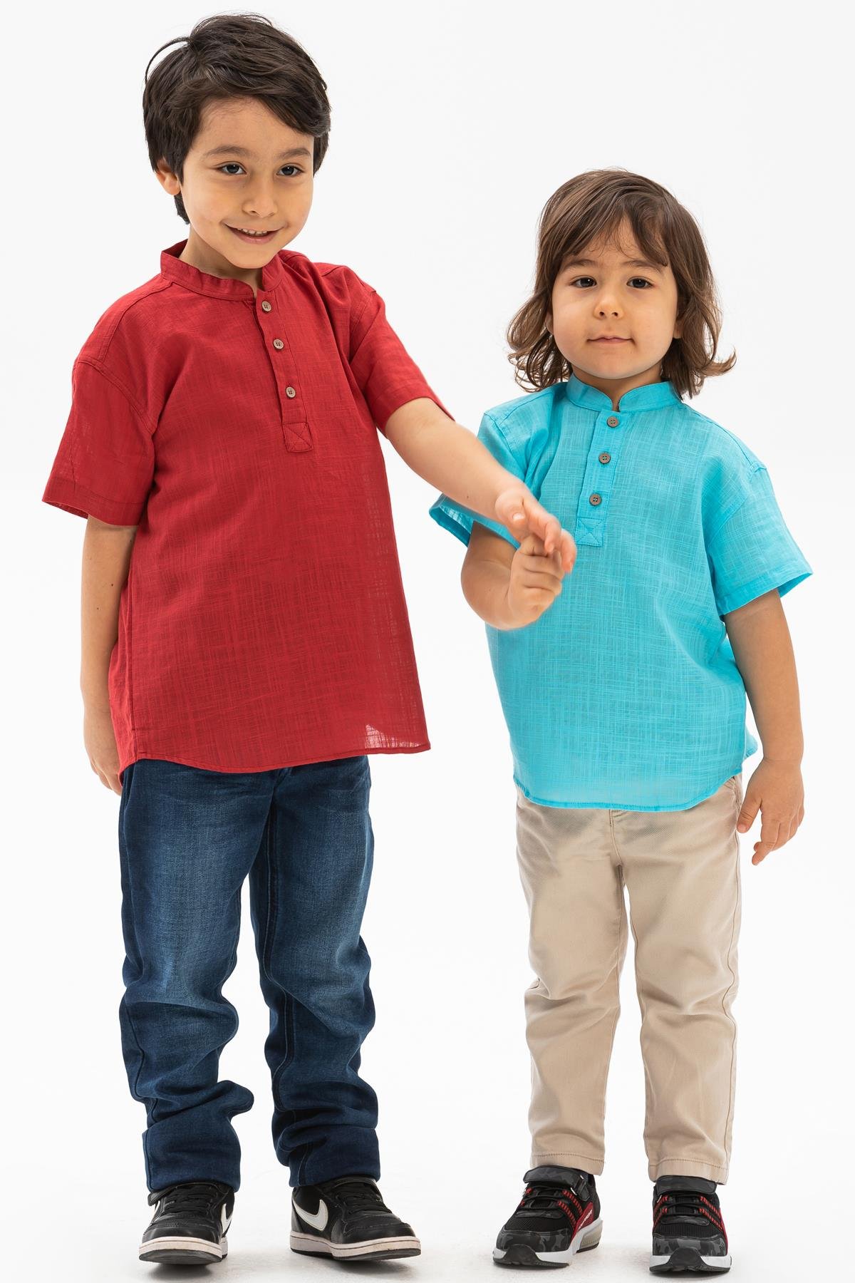 Toptan Kısa Kol Şile Bezi Bodrum Erkek Çocuk Tshirt Açık Turkuaz