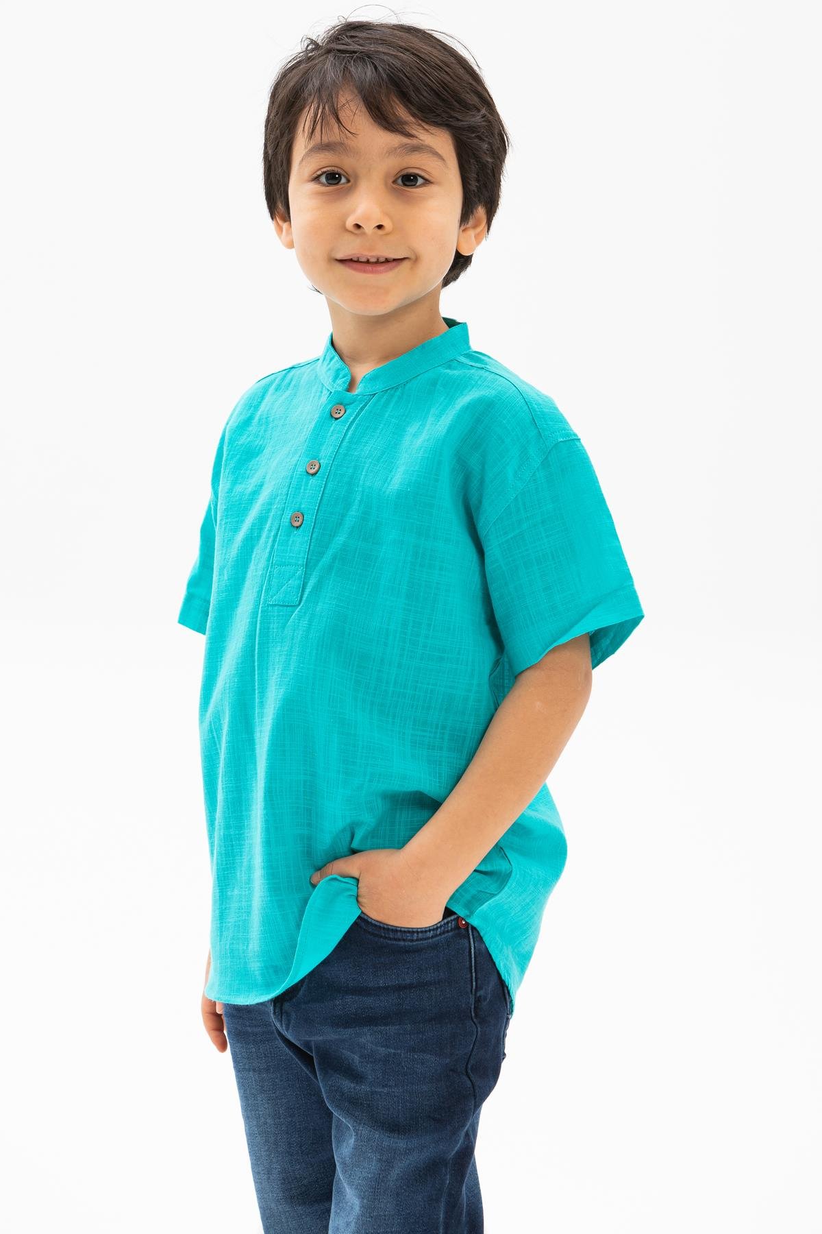 Toptan Kısa Kol Şile Bezi Bodrum Erkek Çocuk Tshirt Turkuaz