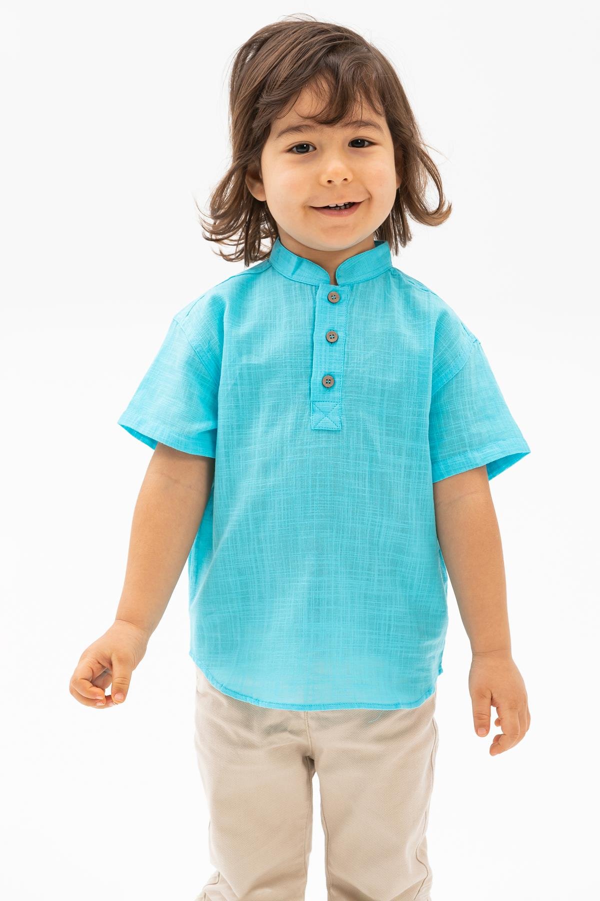 Toptan Kısa Kol Şile Bezi Bodrum Erkek Çocuk Tshirt Açık Turkuaz