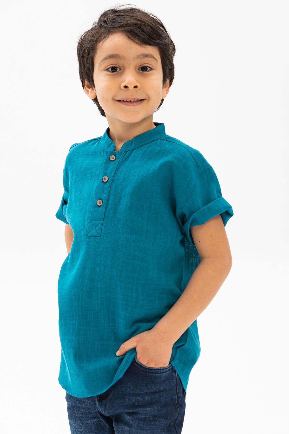 Toptan Kısa Kol Şile Bezi Bodrum Erkek Çocuk Tshirt Petrol