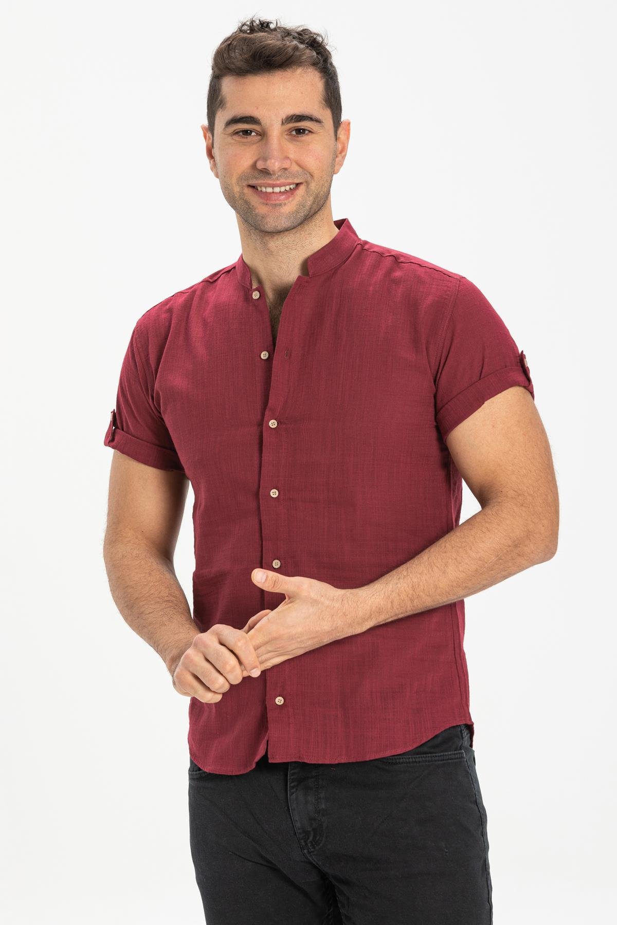Toptan Kısa Kol Şile Bezi Bodrum Erkek Gömlek Bordo