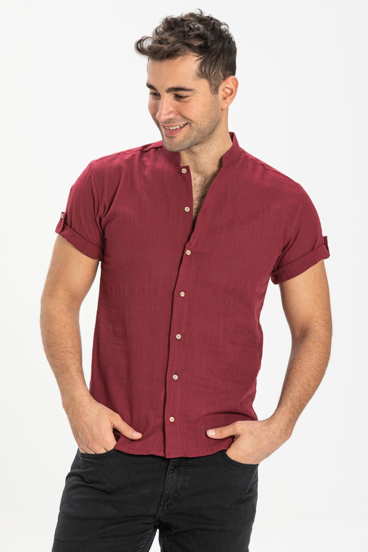 Toptan Kısa Kol Şile Bezi Bodrum Erkek Gömlek Bordo