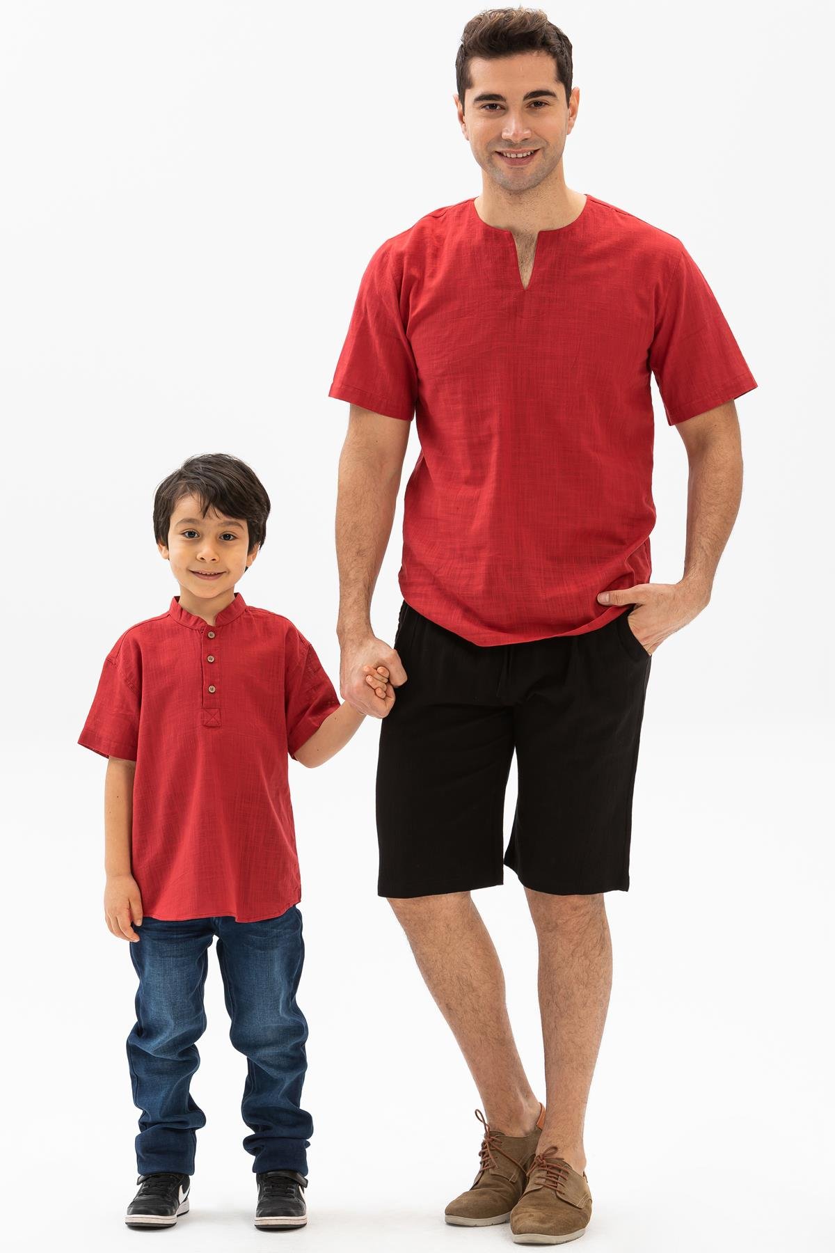 Toptan Kısa Kol Şile Bezi Bodrum Erkek Çocuk Tshirt Kırmızı