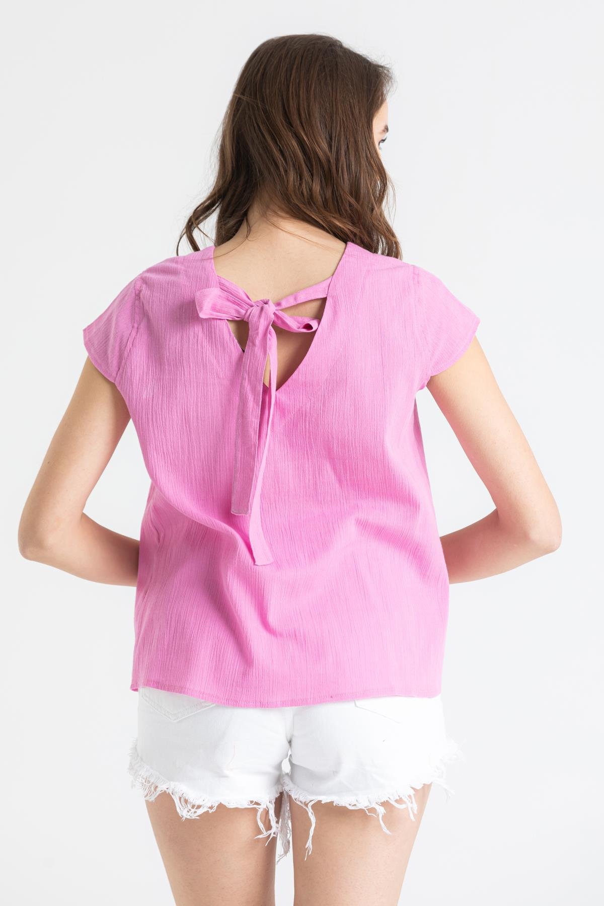 Toptan Kısa Kol Şile Bezi Ecem Bluz Pembe